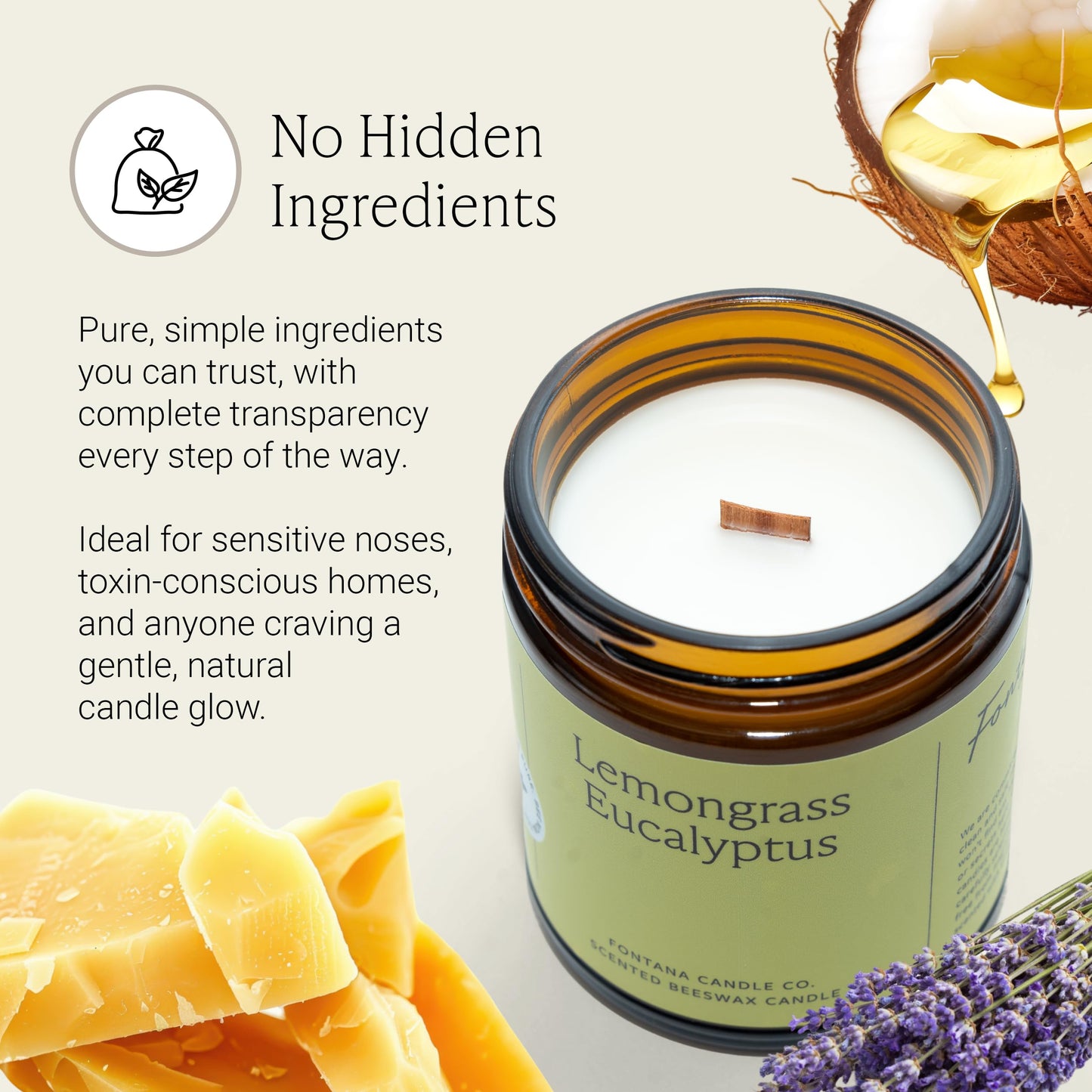 Fontana Candle Co Wood Wick Beeswax Jar Candle: The Candle That Marks the Evening — Beeswax Wood-Wick Candle, Lemongrass Eucalyptus