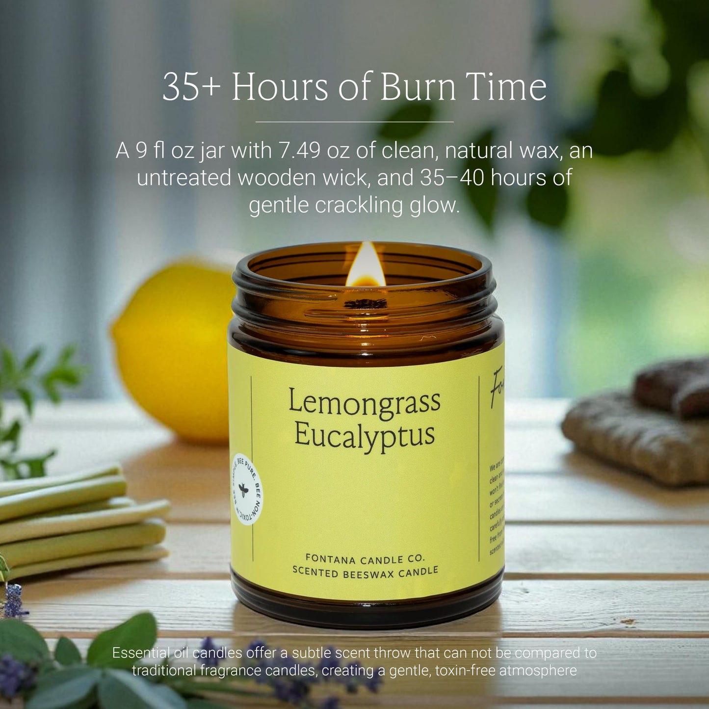 Fontana Candle Co Wood Wick Beeswax Jar Candle: The Candle That Marks the Evening — Beeswax Wood-Wick Candle, Lemongrass Eucalyptus