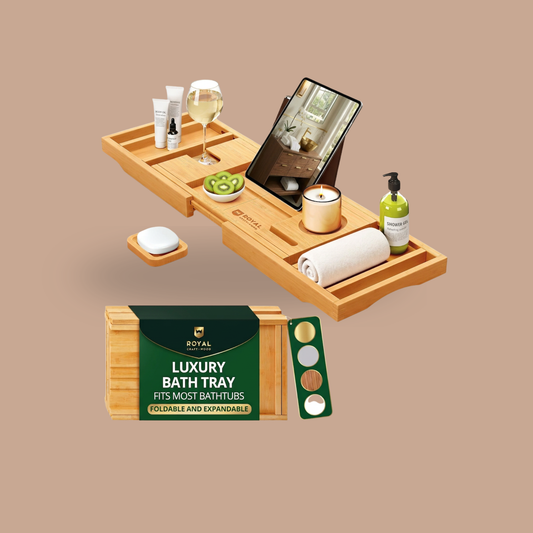 ROYAL CRAFT WOOD Premium Foldable Bathtub Tray Caddy: The Tray That Turns the Bath Into a Room — Bamboo Bathtub Caddy with Adjustable Arms