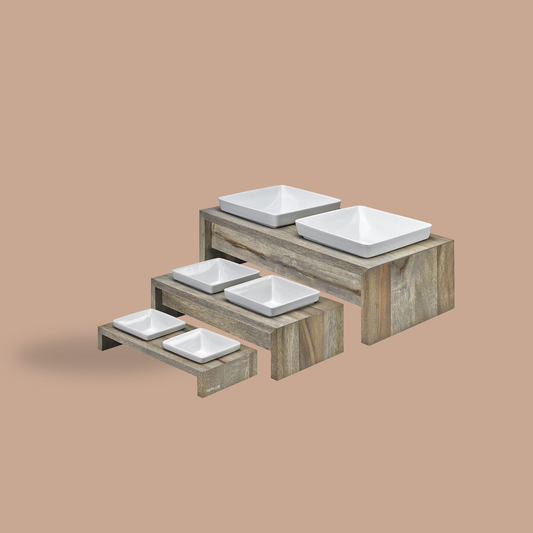 Bowsers Artisan Diner Double Dog Feeder - Handcrafted Rubberwood Frame with Square Ceramic Bowls Feeder for Dogs - Fossil, Small, 15" x 7" x 4"